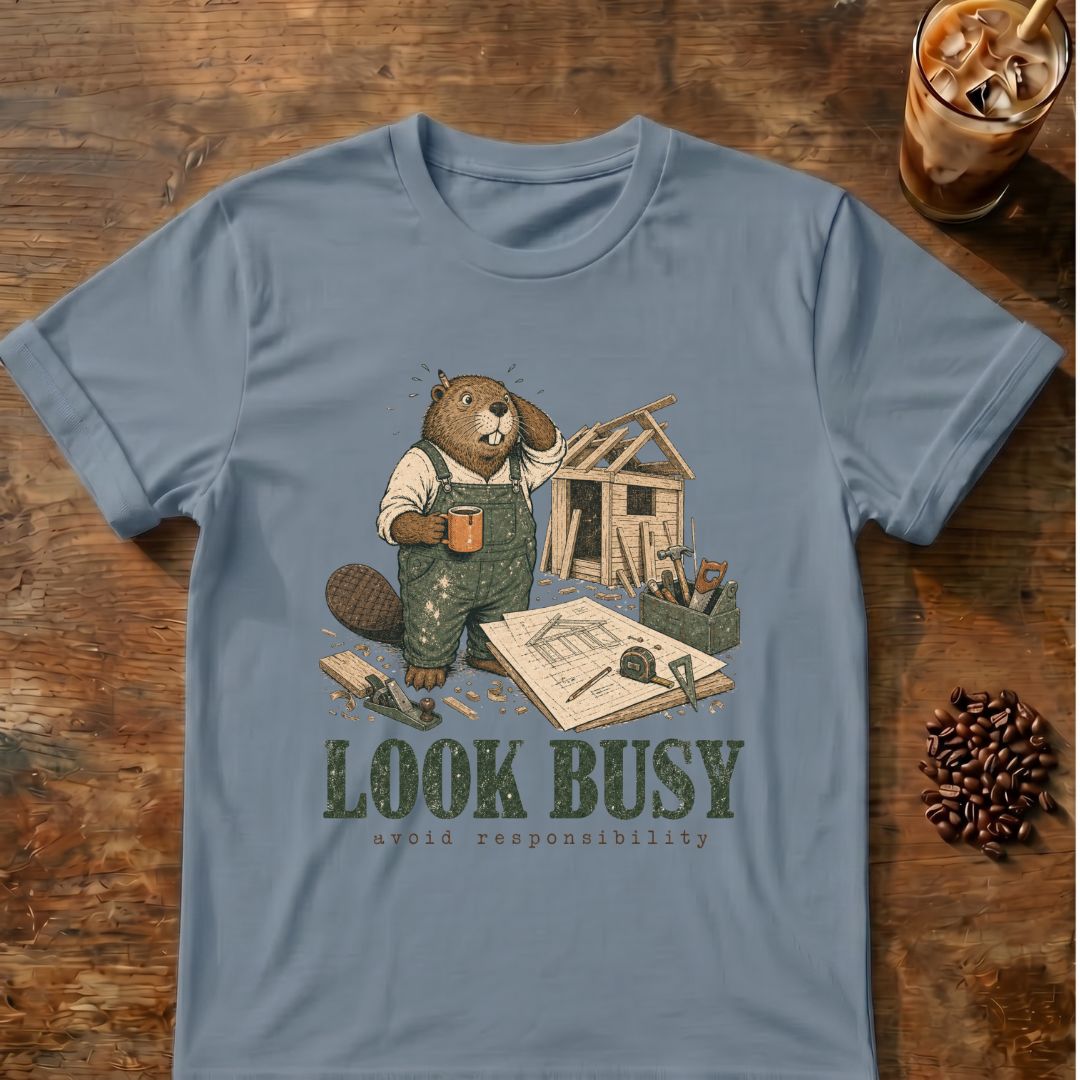 A light blue crewneck t-shirt featuring a cartoon beaver wearing green construction overalls and holding a coffee mug, standing next to a wooden shed with the text 'LOOK BUSY avoid responsibility' printed below. The t-shirt is displayed flat on a rustic wooden table with an iced coffee and coffee beans as props.