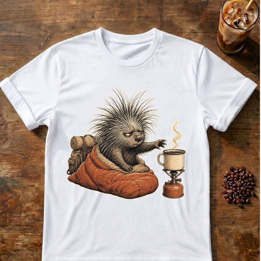 Porcupine coffee graphic for Barely Awake on white T-shirt