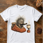 Porcupine coffee graphic for Barely Awake on white T-shirt
