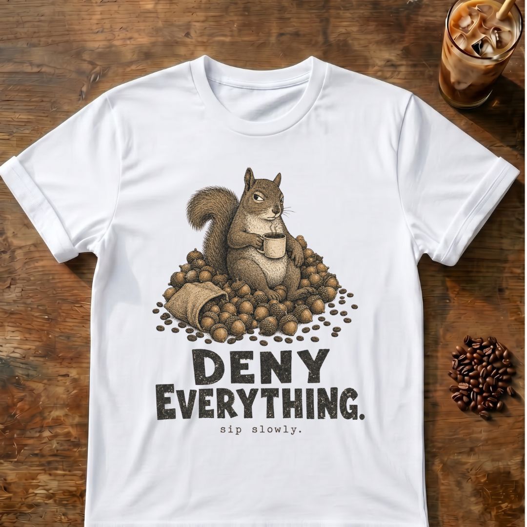 Squirrel coffee graphic for Deny Everything Squirrel on white T-shirt