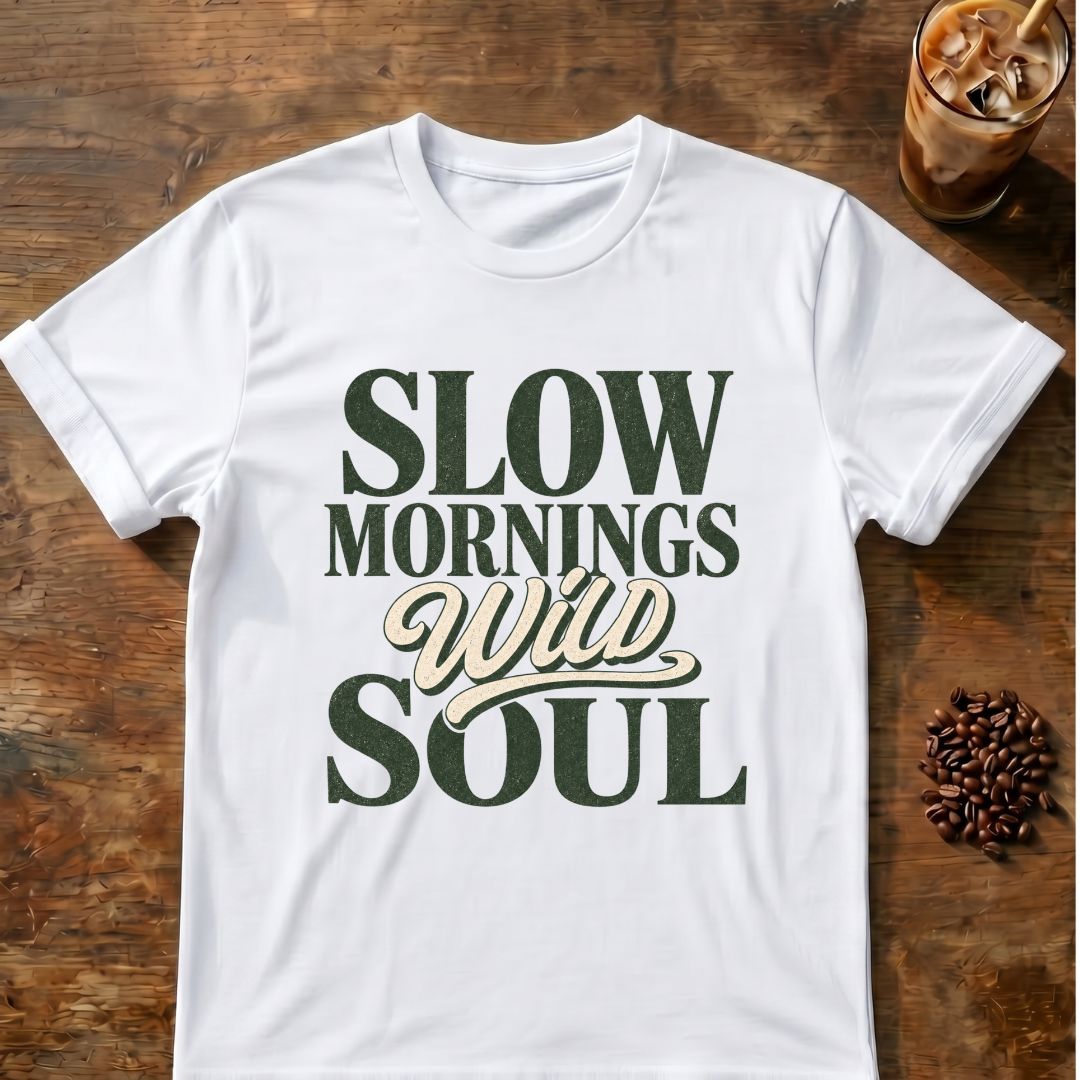 Distressed dark green and cream typography reading “Slow Mornings Wild Soul”