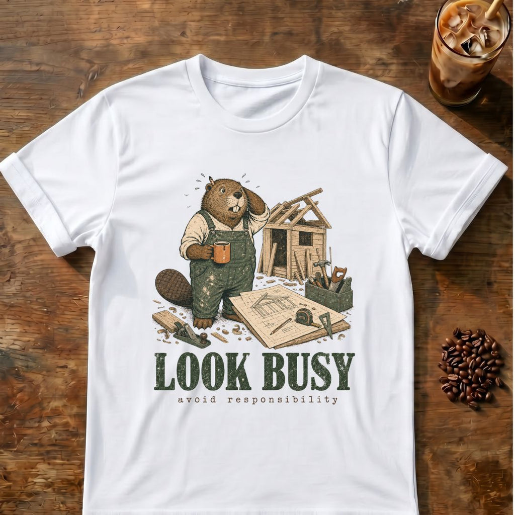 Beaver coffee graphic for Look Busy Beaver on white T-shirt