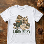 Beaver coffee graphic for Look Busy Beaver on white T-shirt