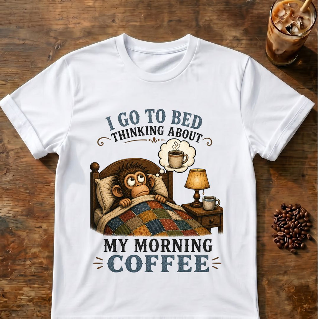 Monkey coffee graphic for Morning Coffee Monkey on white T-shirt