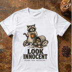 Raccoon coffee graphic for Look Innocent Raccoon on white T-shirt