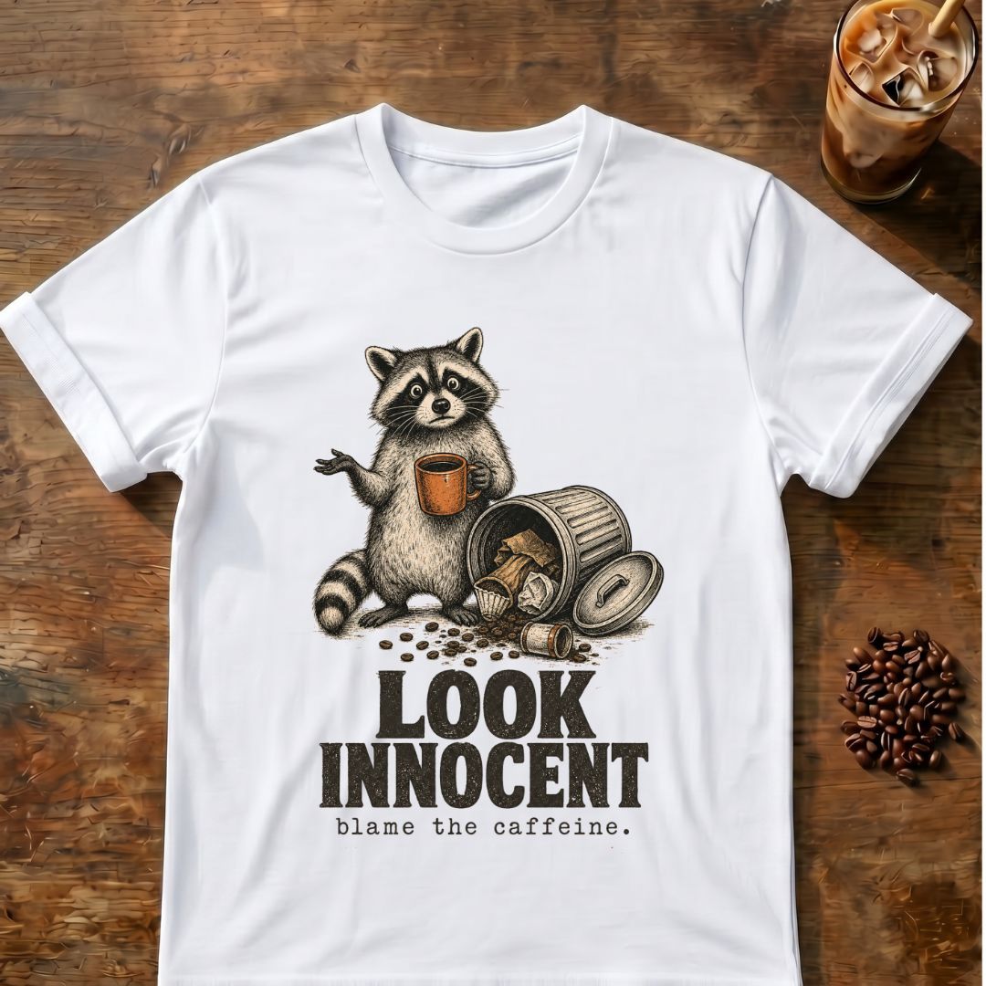 Raccoon coffee graphic for Look Innocent Raccoon on white T-shirt