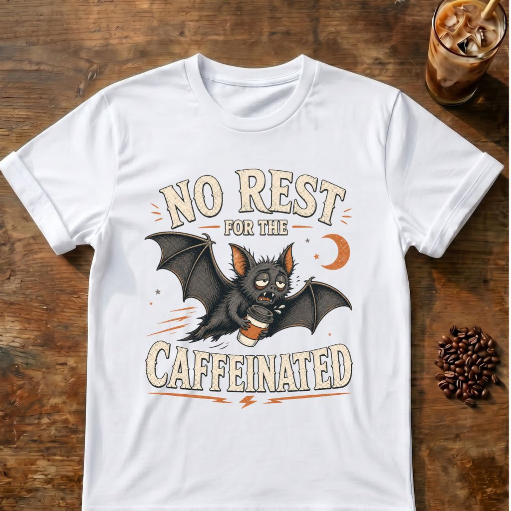 Bat coffee graphic for No Rest Bat on white T-shirt