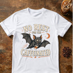 Bat coffee graphic for No Rest Bat on white T-shirt