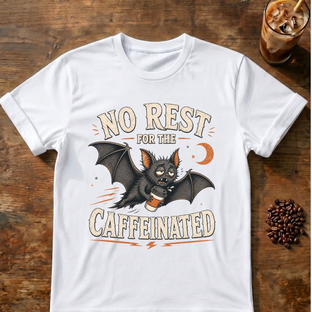 Bat coffee graphic for No Rest Bat on white T-shirt
