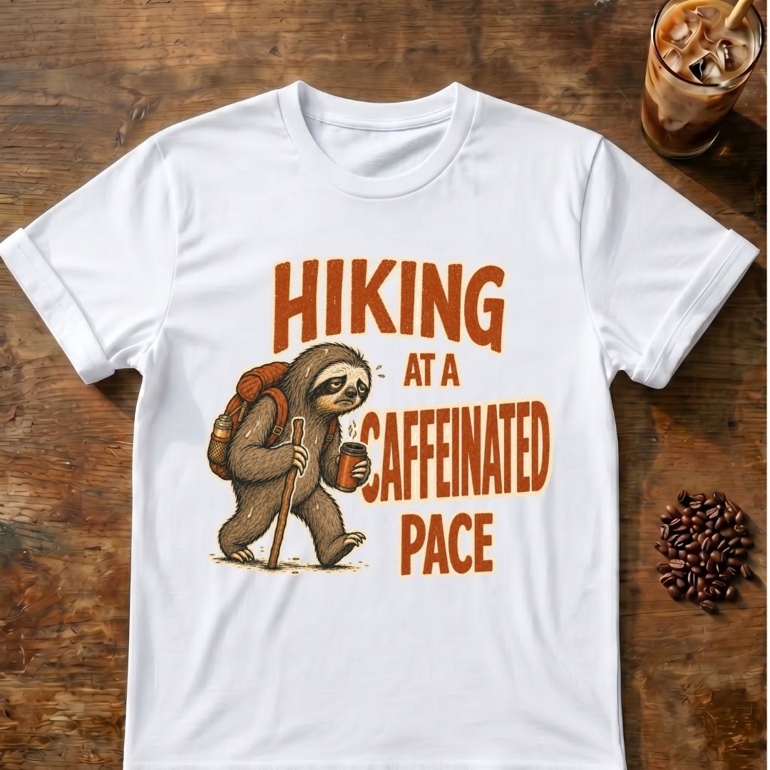 A white short-sleeve crewneck t-shirt laid flat on a rustic wooden table. The shirt features a graphic of a sloth hiking with a backpack and walking stick, next to the orange text 'HIKING AT A CAFFEINATED PACE'.