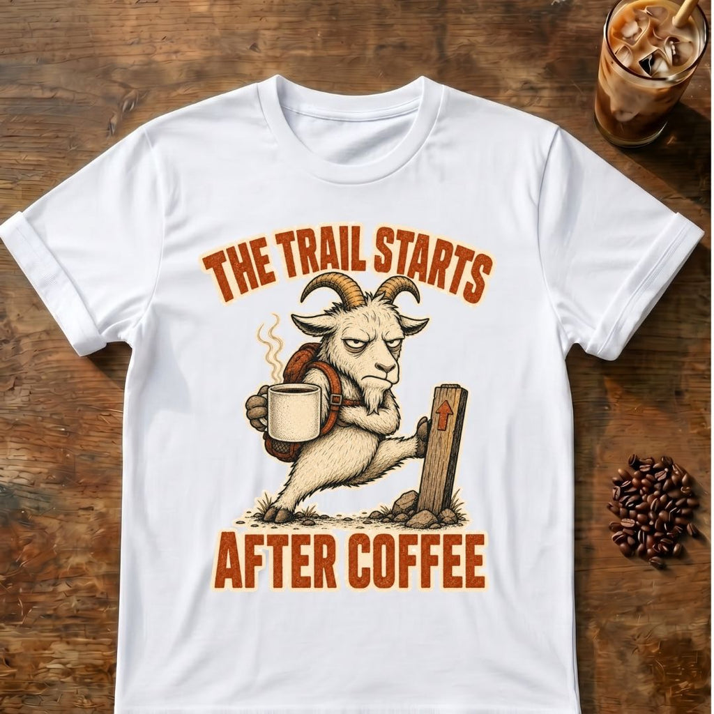 Goat coffee graphic for Trail Starts on white T-shirt