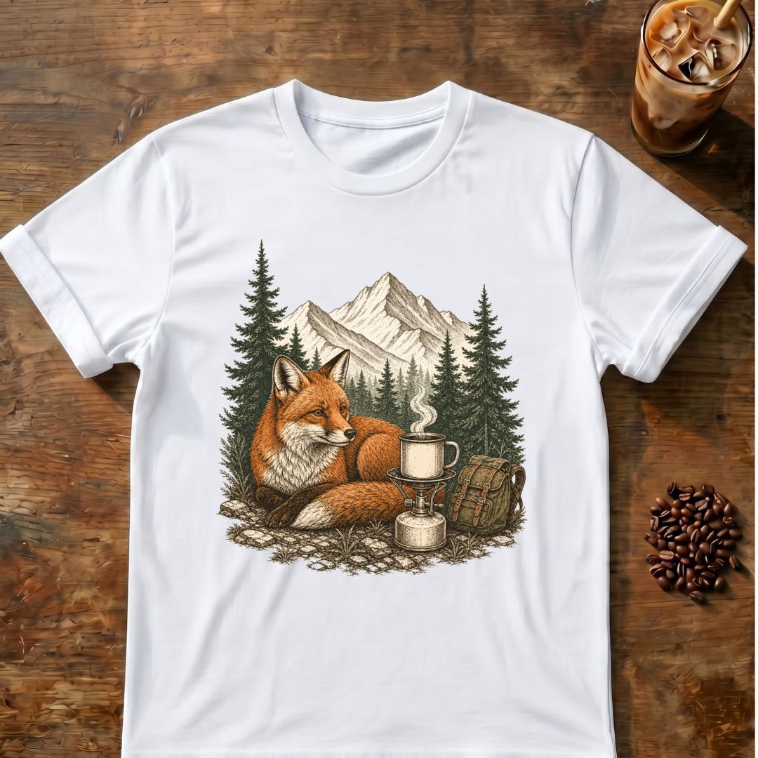 Fox coffee graphic for Mountain Fox Camp Coffee on white T-shirt
