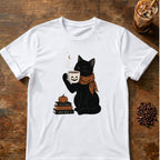 Cat coffee graphic for Halloween Black Cat Coffee on white T-shirt
