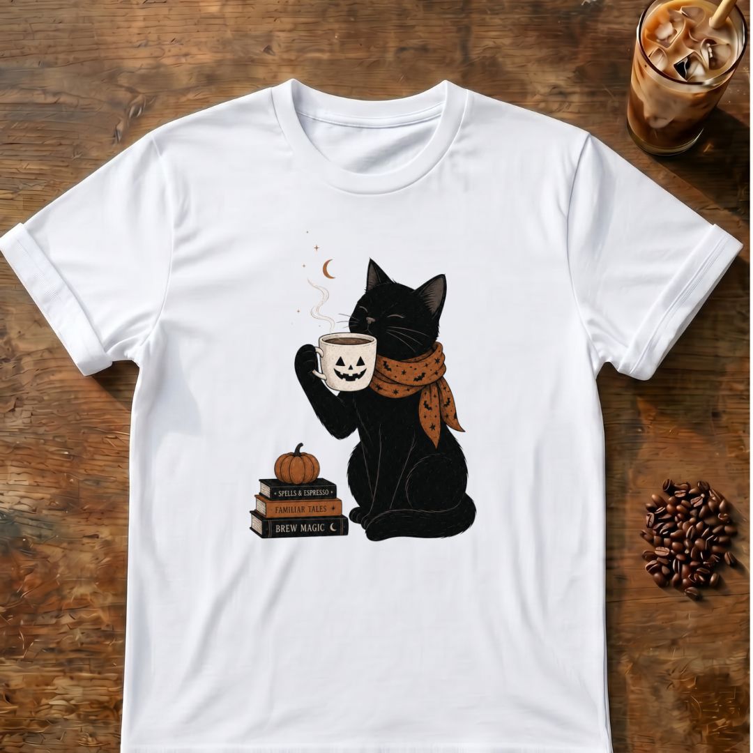 Cat coffee graphic for Halloween Black Cat Coffee on white T-shirt