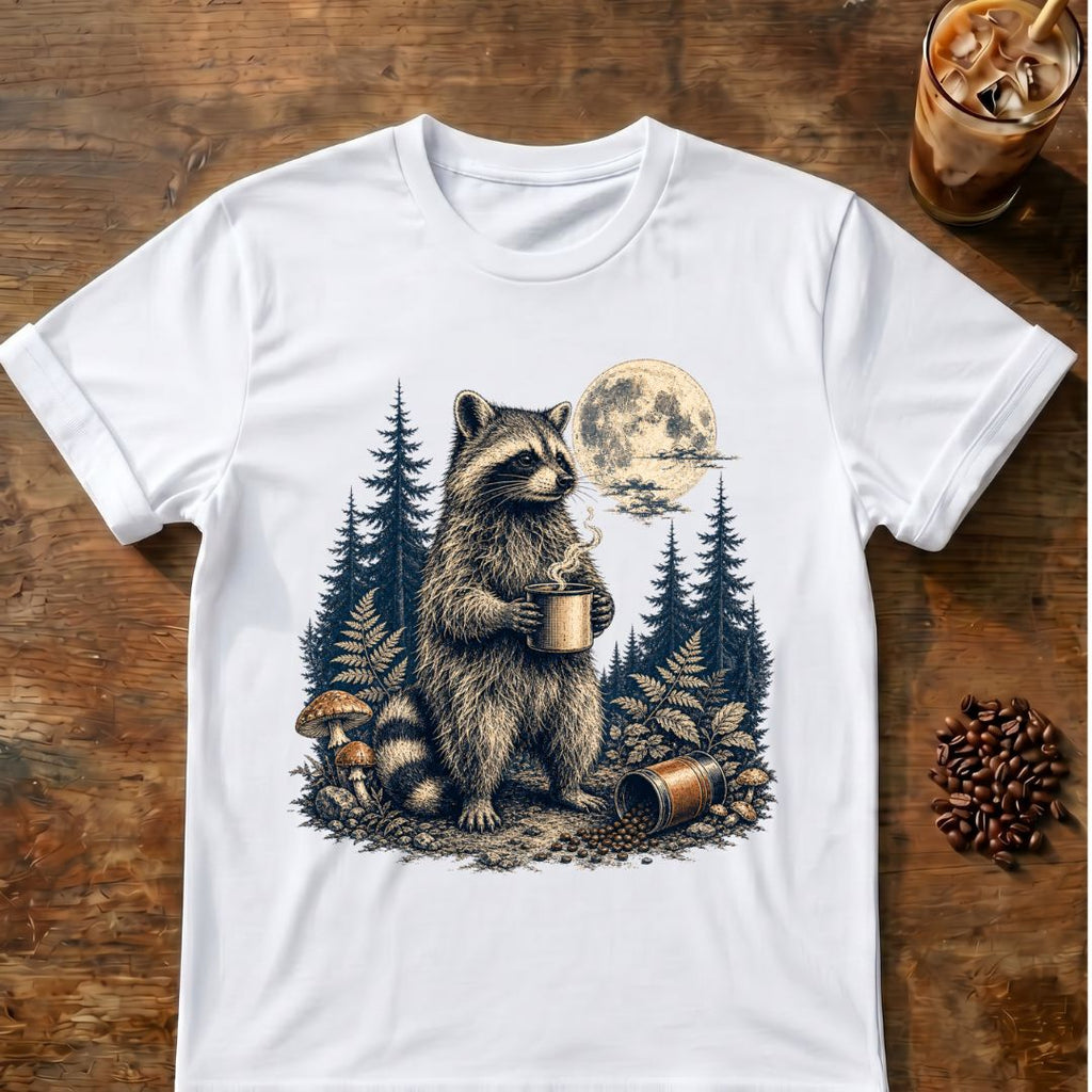 Raccoon coffee graphic for Moonlit Raccoon Coffee on white T-shirt