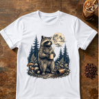 Raccoon coffee graphic for Moonlit Raccoon Coffee on white T-shirt