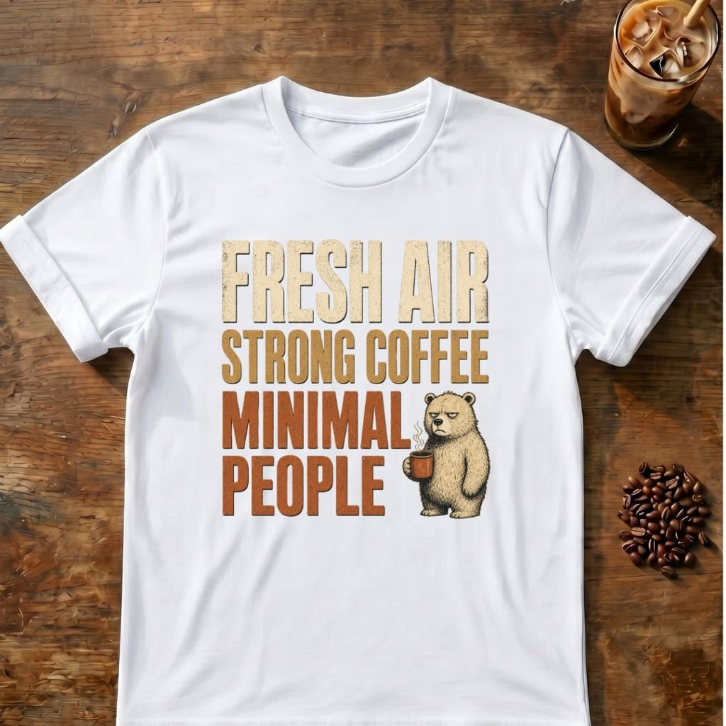 Bear coffee graphic for Fresh Air on white T-shirt