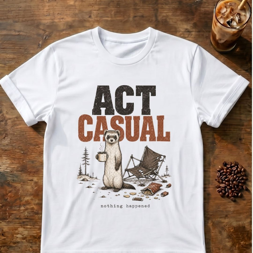 Weasel coffee graphic for Act Casual Weasel on white T-shirt