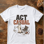 Weasel coffee graphic for Act Casual Weasel on white T-shirt
