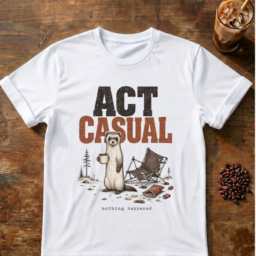 Weasel coffee graphic for Act Casual Weasel on white T-shirt