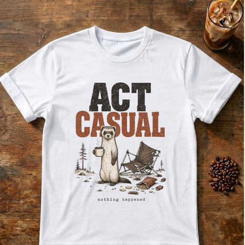 Weasel coffee graphic for Act Casual Weasel on white T-shirt