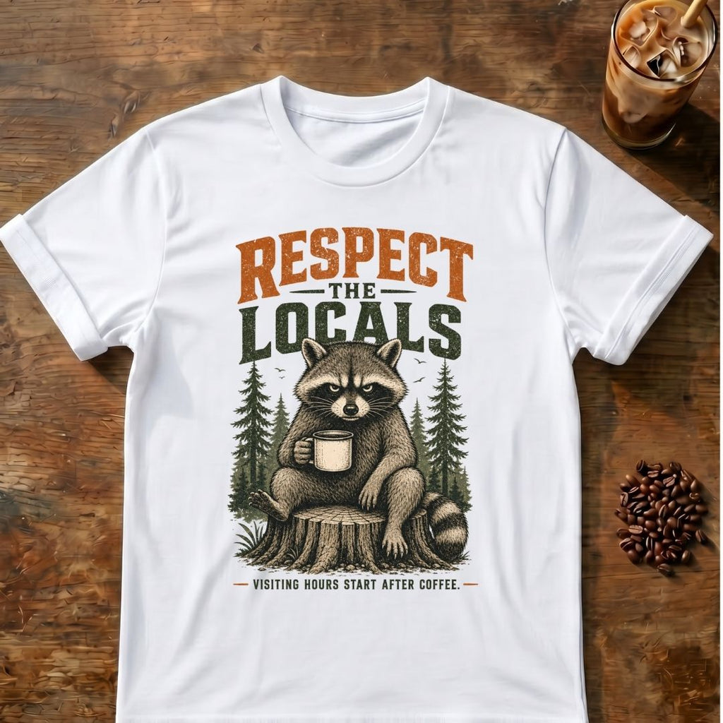 Raccoon coffee graphic for Respect the Locals Raccoon on white T-shirt