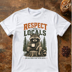 Raccoon coffee graphic for Respect the Locals Raccoon on white T-shirt
