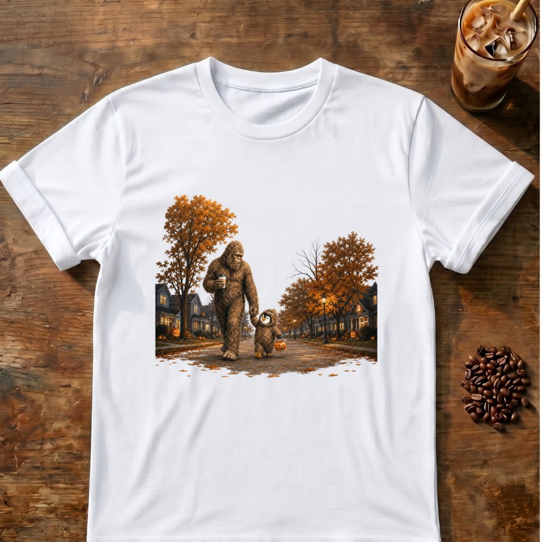 Coffee graphic for Bigfoot Trick-or-Treat Halloween on white T-shirt