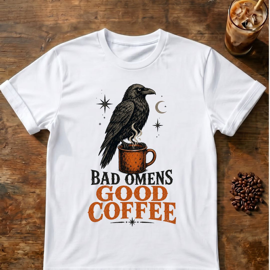 Raven coffee graphic for Bad Omens Good Coffee Raven on white T-shirt