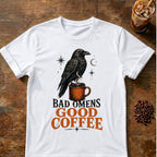 Raven coffee graphic for Bad Omens Good Coffee Raven on white T-shirt