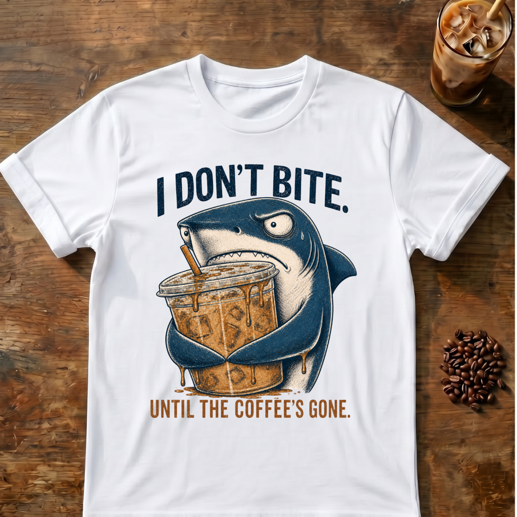 I Don't Bite Until the Coffee's Gone Shark Coffee T-Shirt