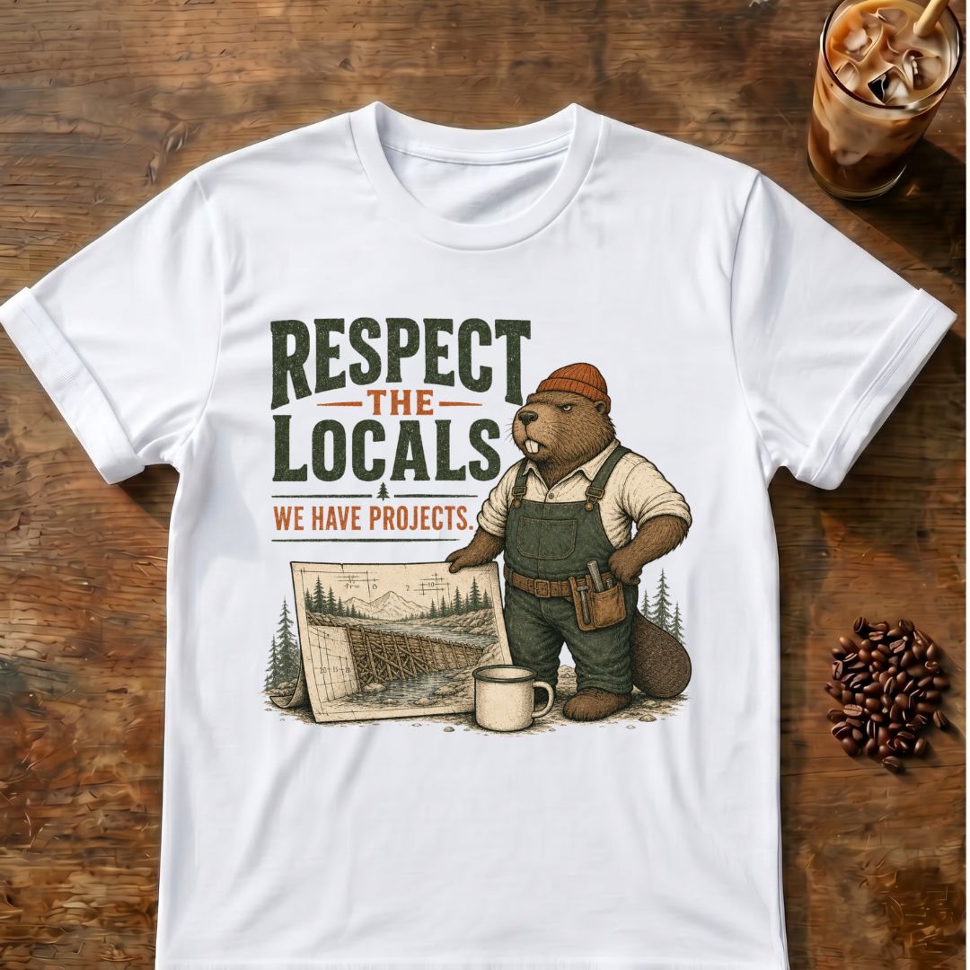 Beaver coffee graphic for Respect the Locals Beaver on white T-shirt