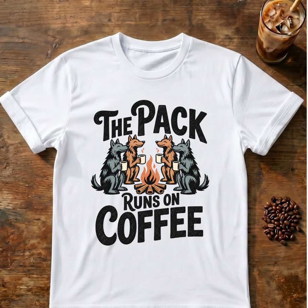 Pack Runs on Coffee graphic on a White T-shirt
