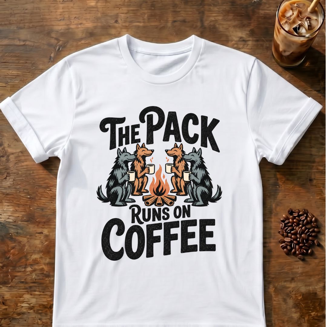 Pack Runs on Coffee graphic on a White T-shirt