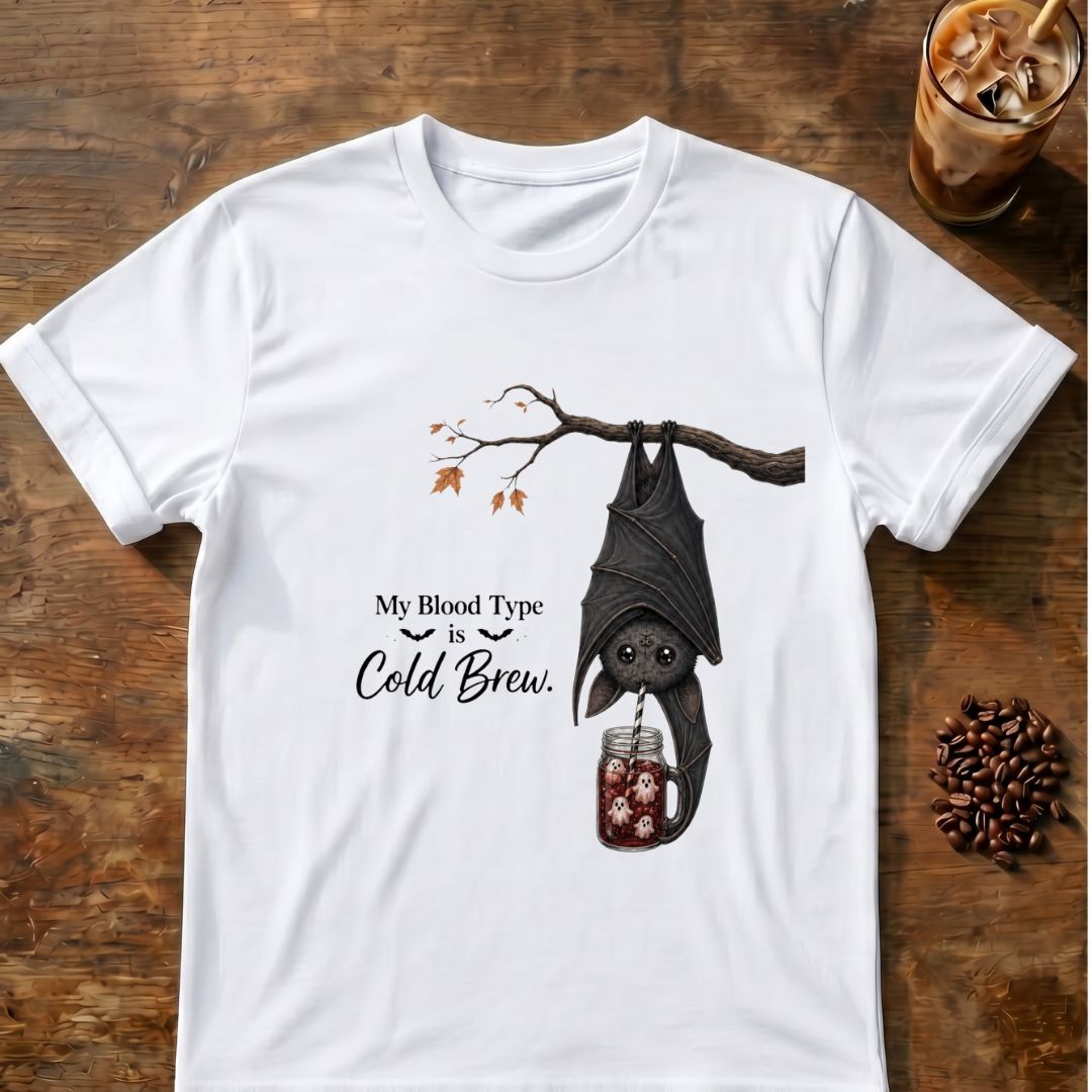 Bat coffee graphic for My Blood Type Is Cold Brew Bat on white T-shirt