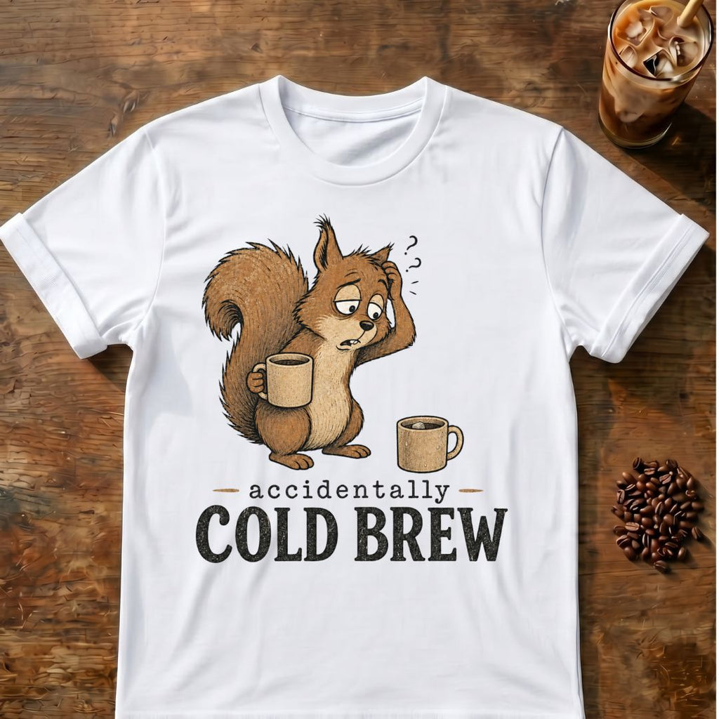 Cold brew squirrel coffee graphic on a White T-shirt
