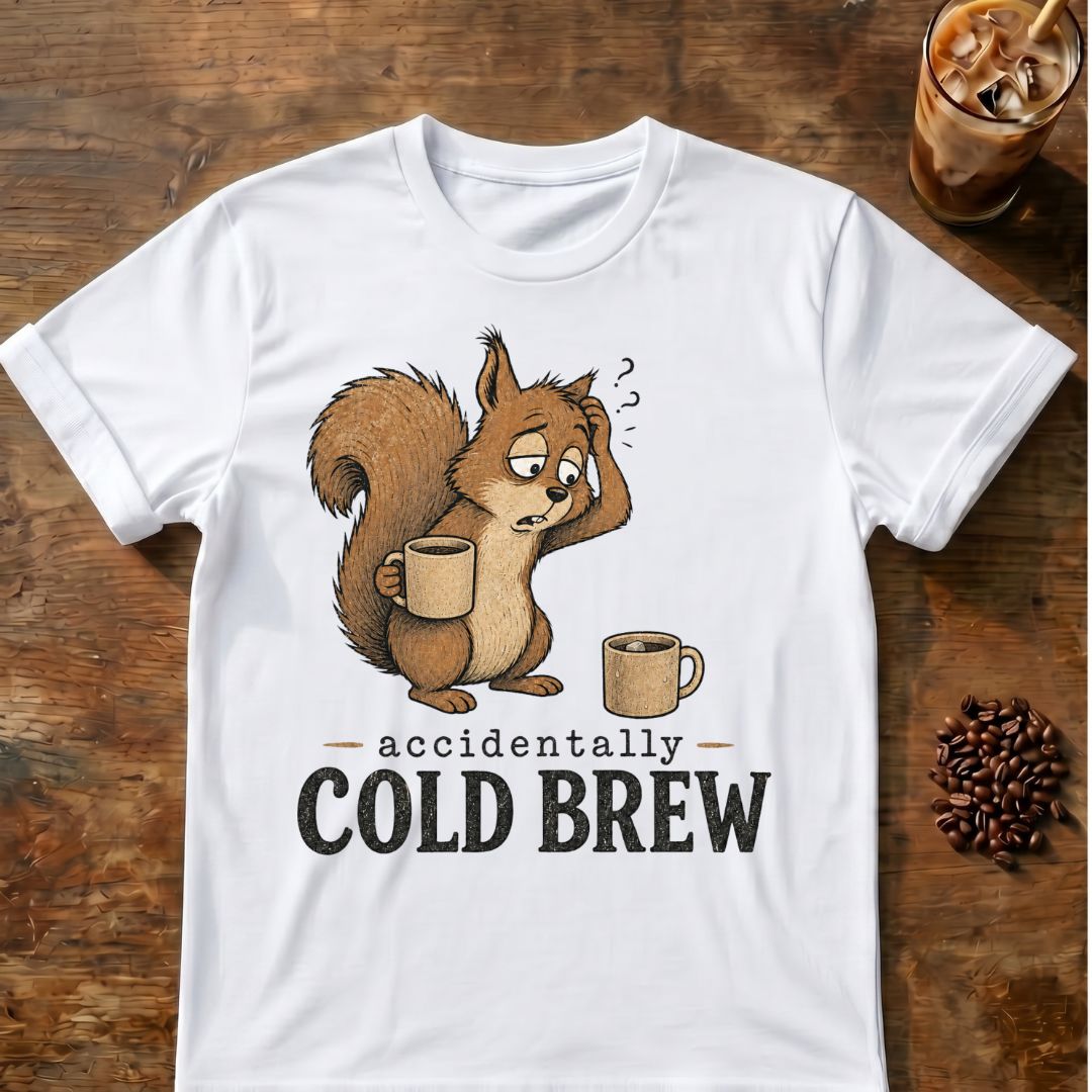 Cold brew squirrel coffee graphic on a White T-shirt