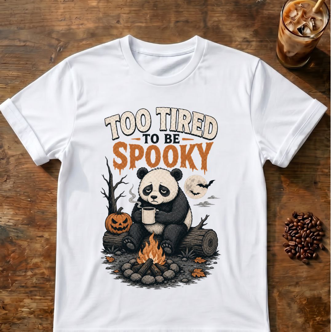 Bat coffee graphic for Too Tired to Be Spooky Panda on white T-shirt