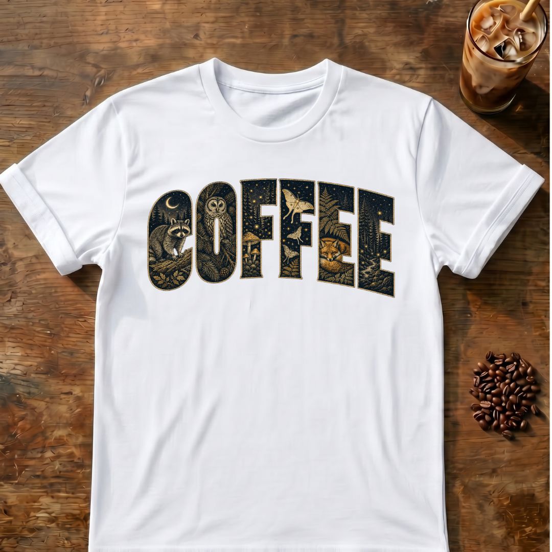 Raccoon coffee graphic for Woodland Coffee Typography on white T-shirt