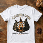 Raccoon coffee graphic for Campfire Coven Coffee on white T-shirt
