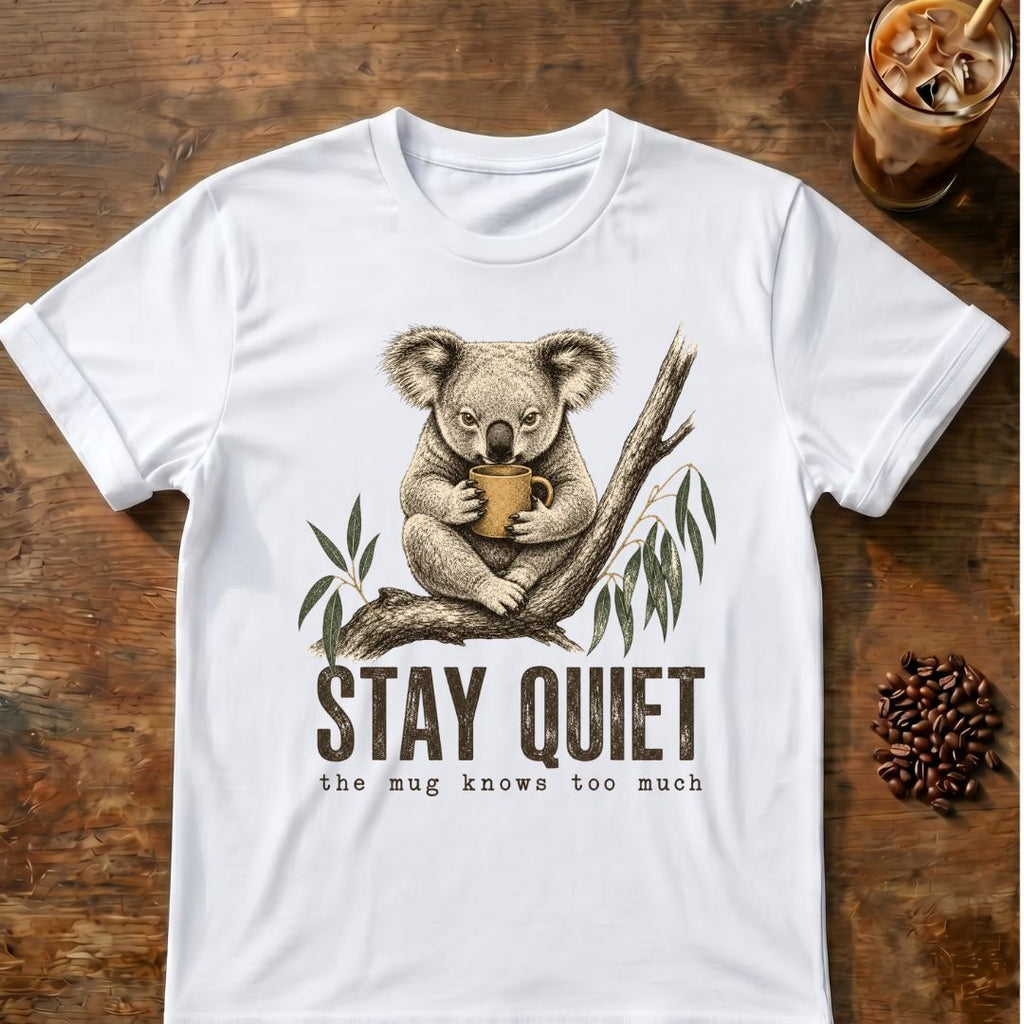 Koala coffee graphic for Stay Quiet Koala on white T-shirt