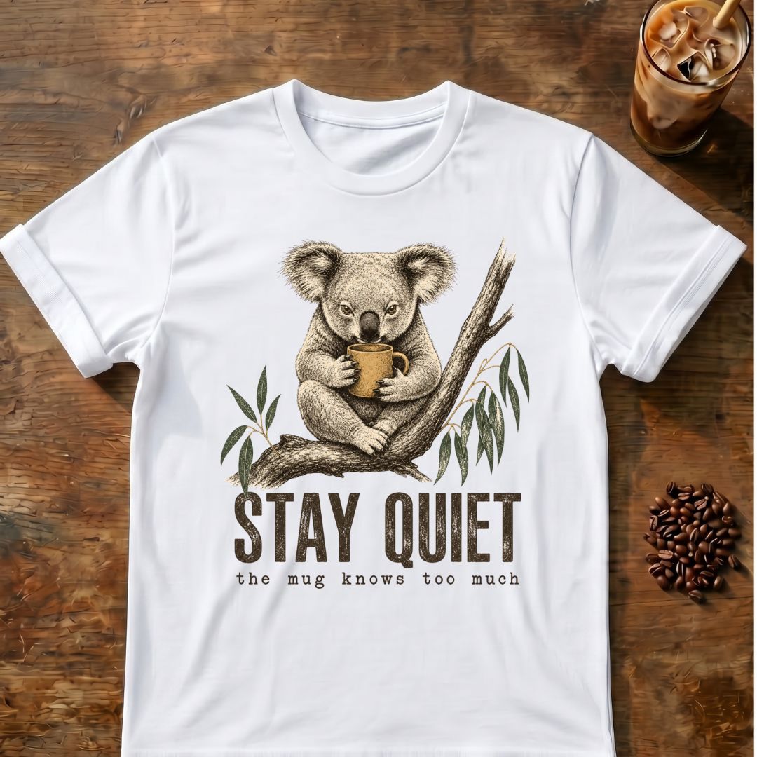 Koala coffee graphic for Stay Quiet Koala on white T-shirt