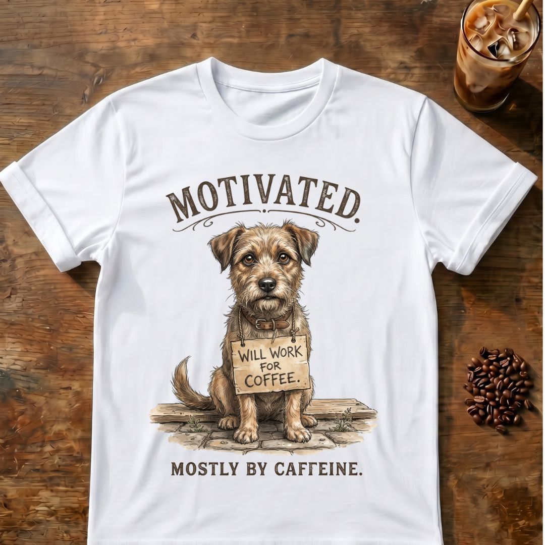 Dog “Will Work for Coffee” graphic on a White T-shirt