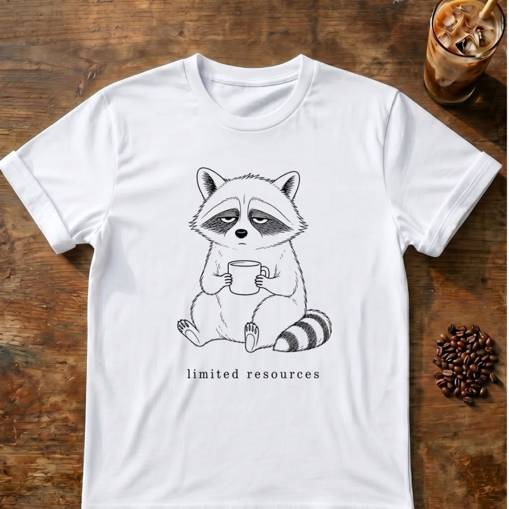 Raccoon coffee graphic for Minimal Raccoon Coffee on white T-shirt
