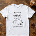Raccoon coffee graphic for Minimal Raccoon Coffee on white T-shirt