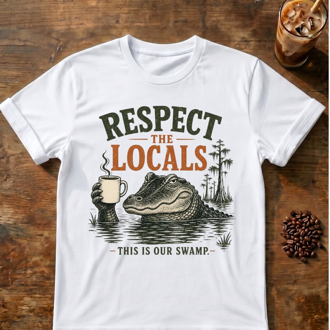 Coffee graphic for Respect the Locals Alligator on white T-shirt
