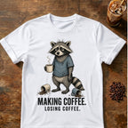 Raccoon coffee graphic on a White T-shirt