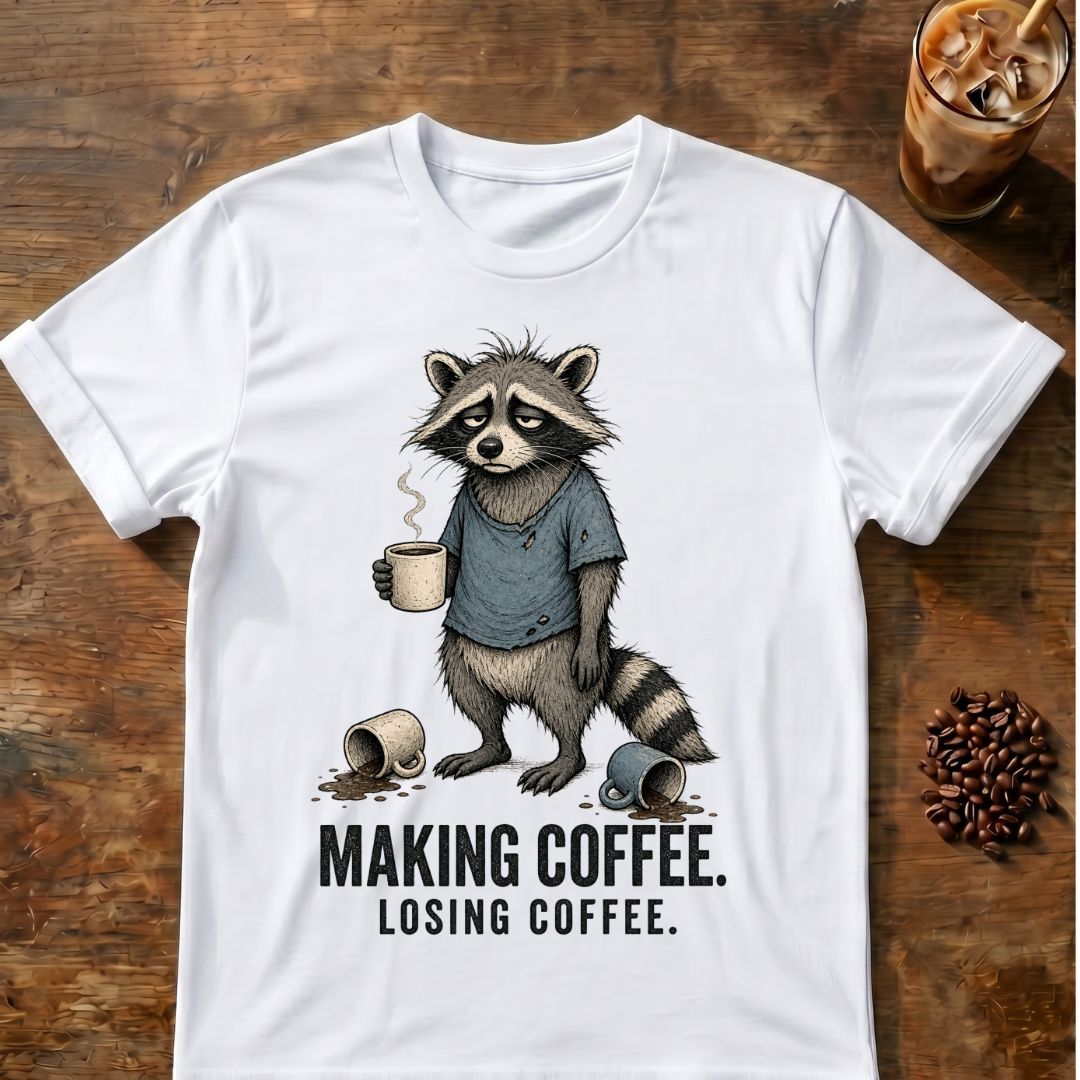 Raccoon coffee graphic on a White T-shirt