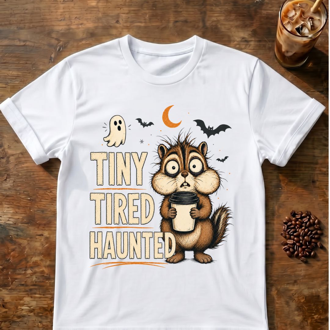 Chipmunk coffee graphic for Tiny Tired Haunted Chipmunk on white T-shirt