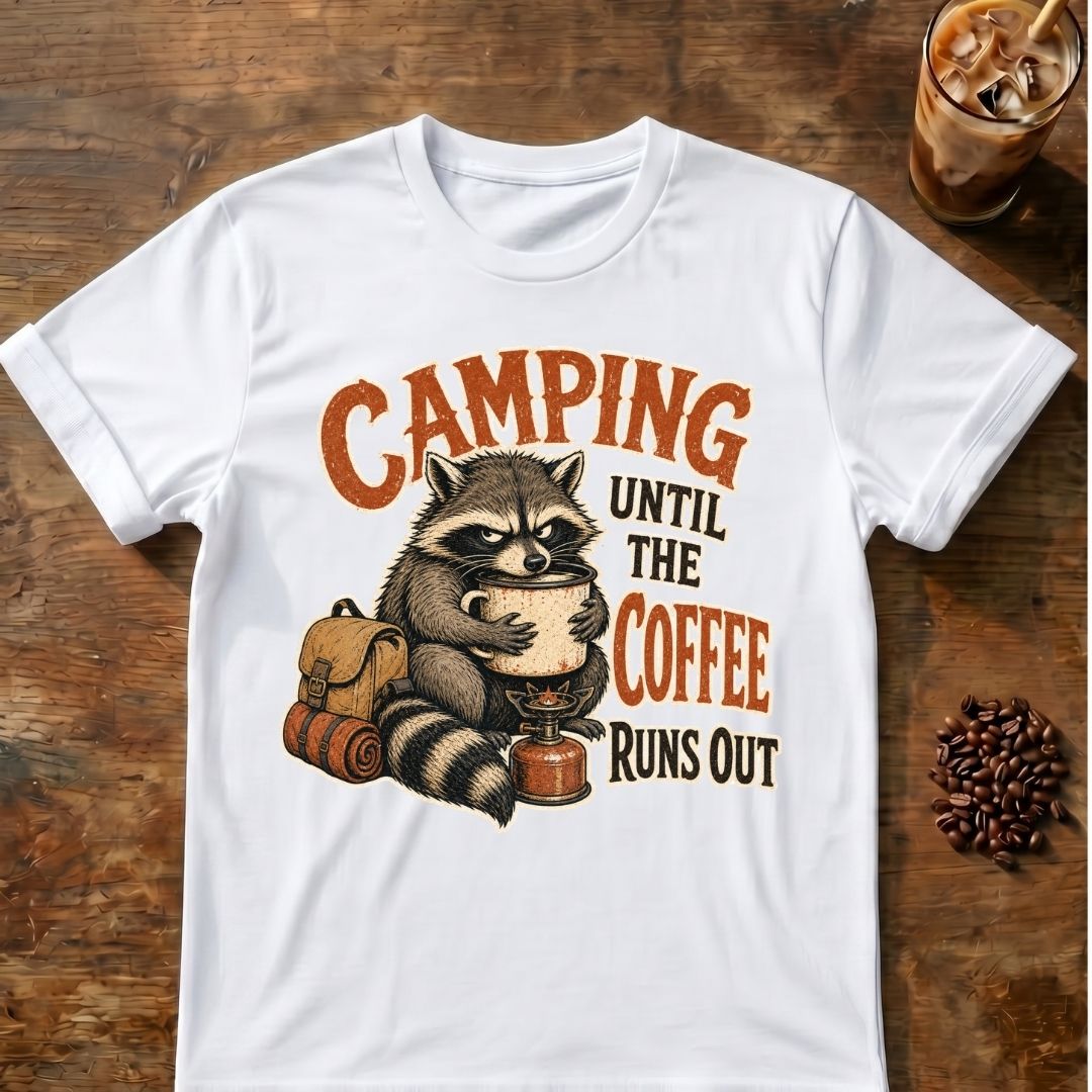 Raccoon coffee graphic for Camping Until on white T-shirt